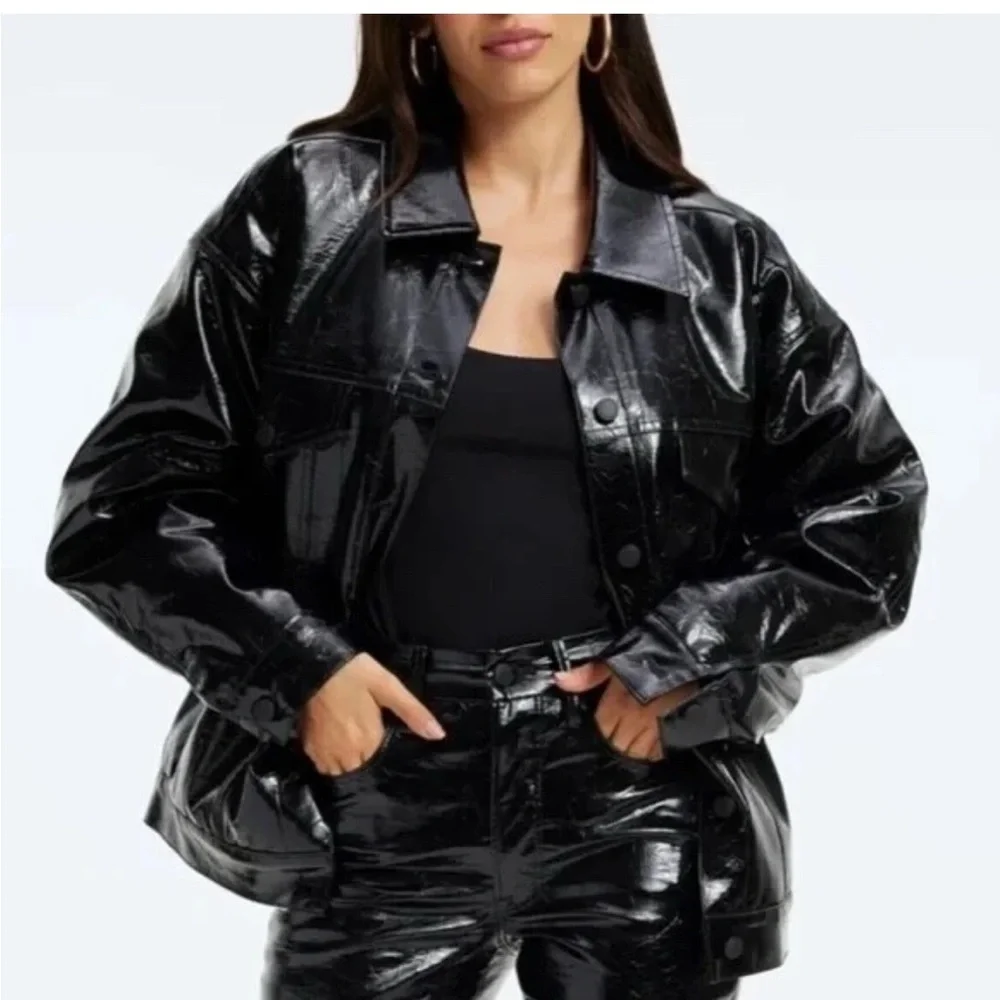 NWT Good American patent vegan leather Trucker jacket. Black, women’s small.